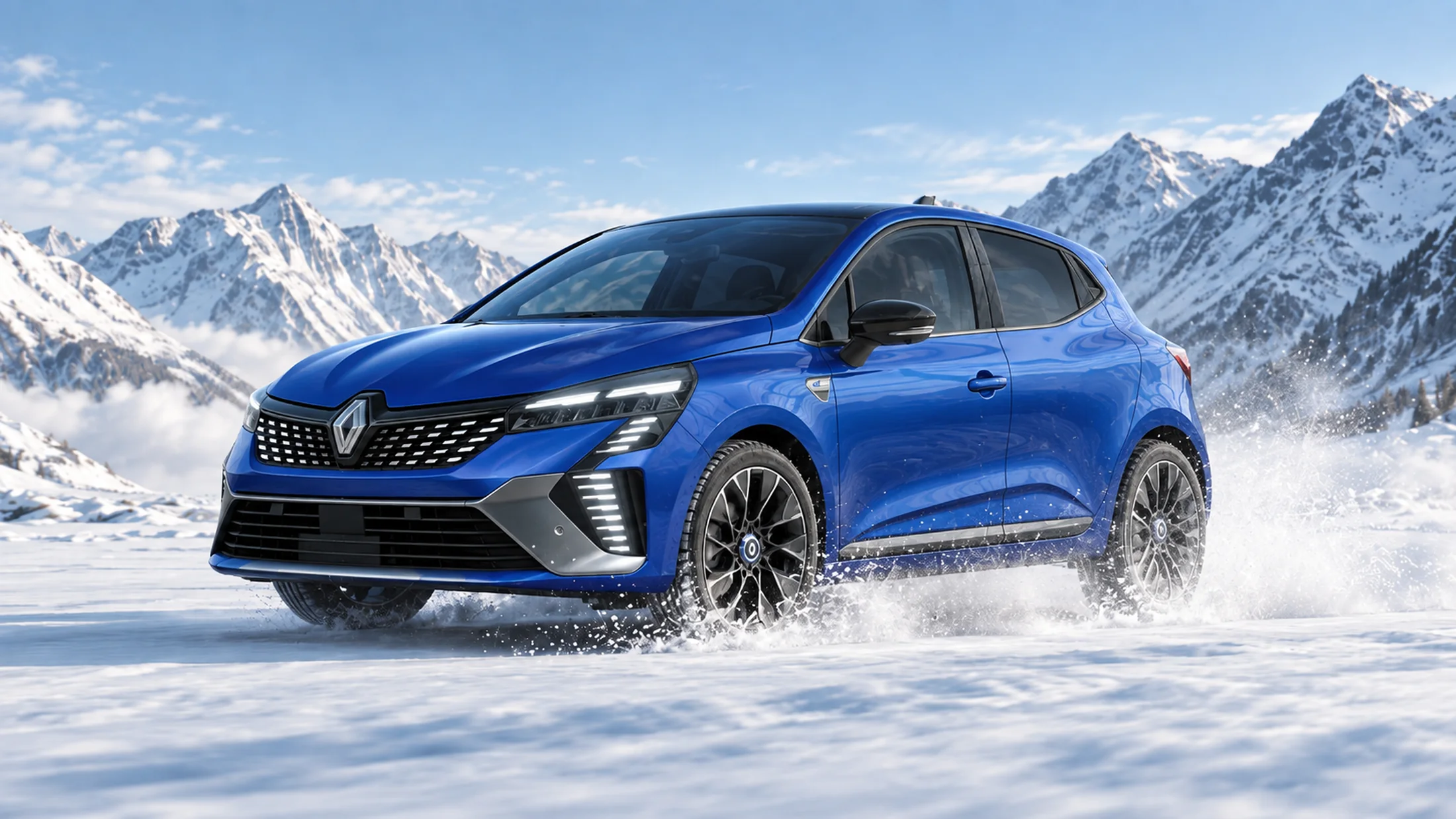 Renault Clio E-Tech bleue en montagne
